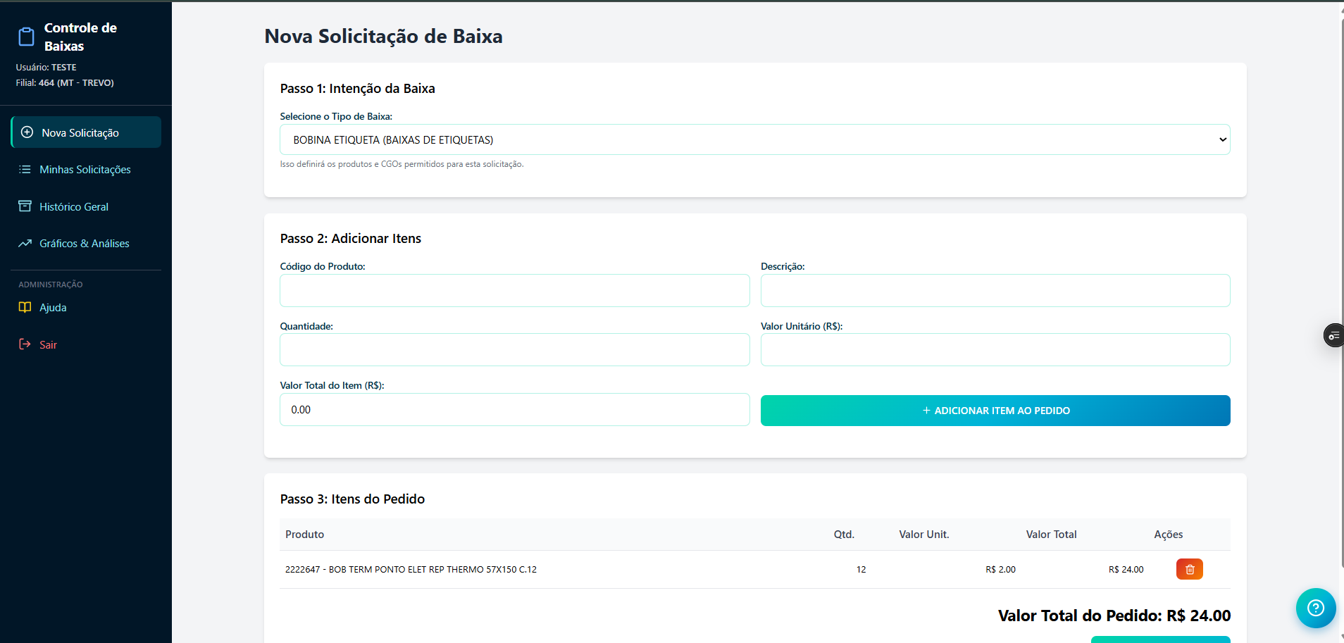 Formulário de adição de itens com campos para código, quantidade e valor.