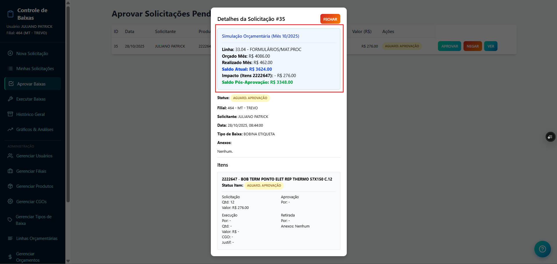 Modal de Detalhes da Solicitação com a Simulação Orçamentária em destaque.