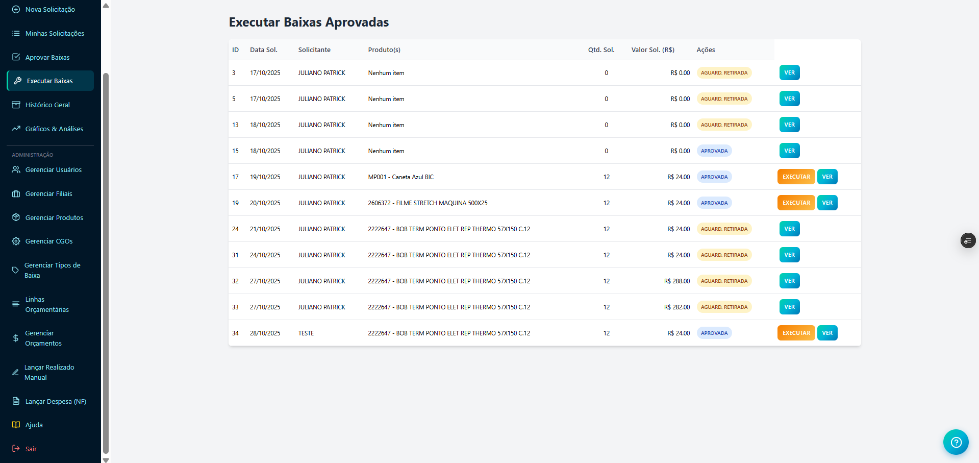 Tabela de Baixas Aprovadas com destaque para o botão Executar.