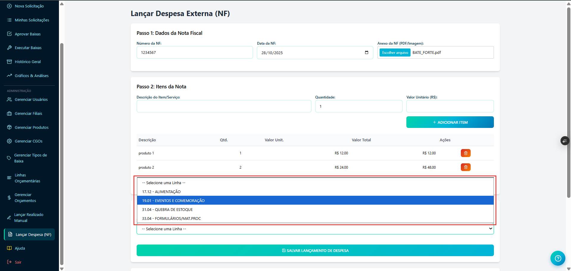 Formulário de Lançamento de Nota Fiscal, com campos de dados da nota e itens.