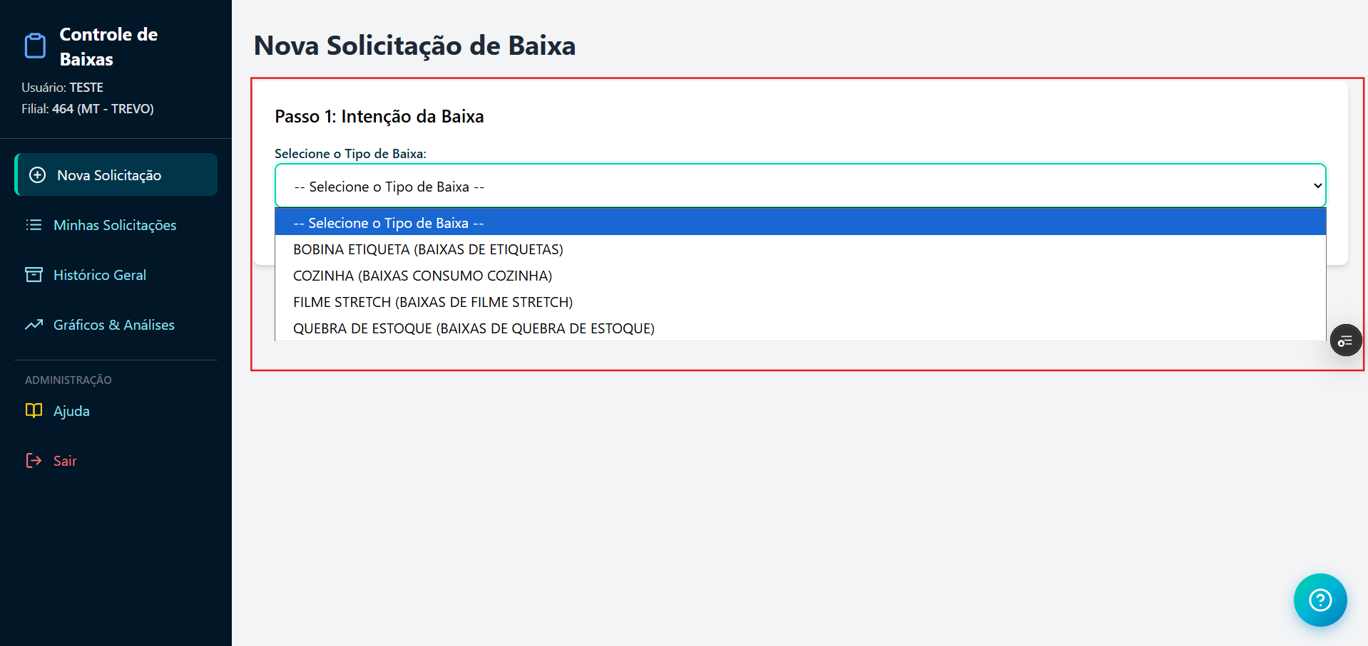 Dropdown de seleção do tipo de baixa, indicando a regra de compatibilidade.